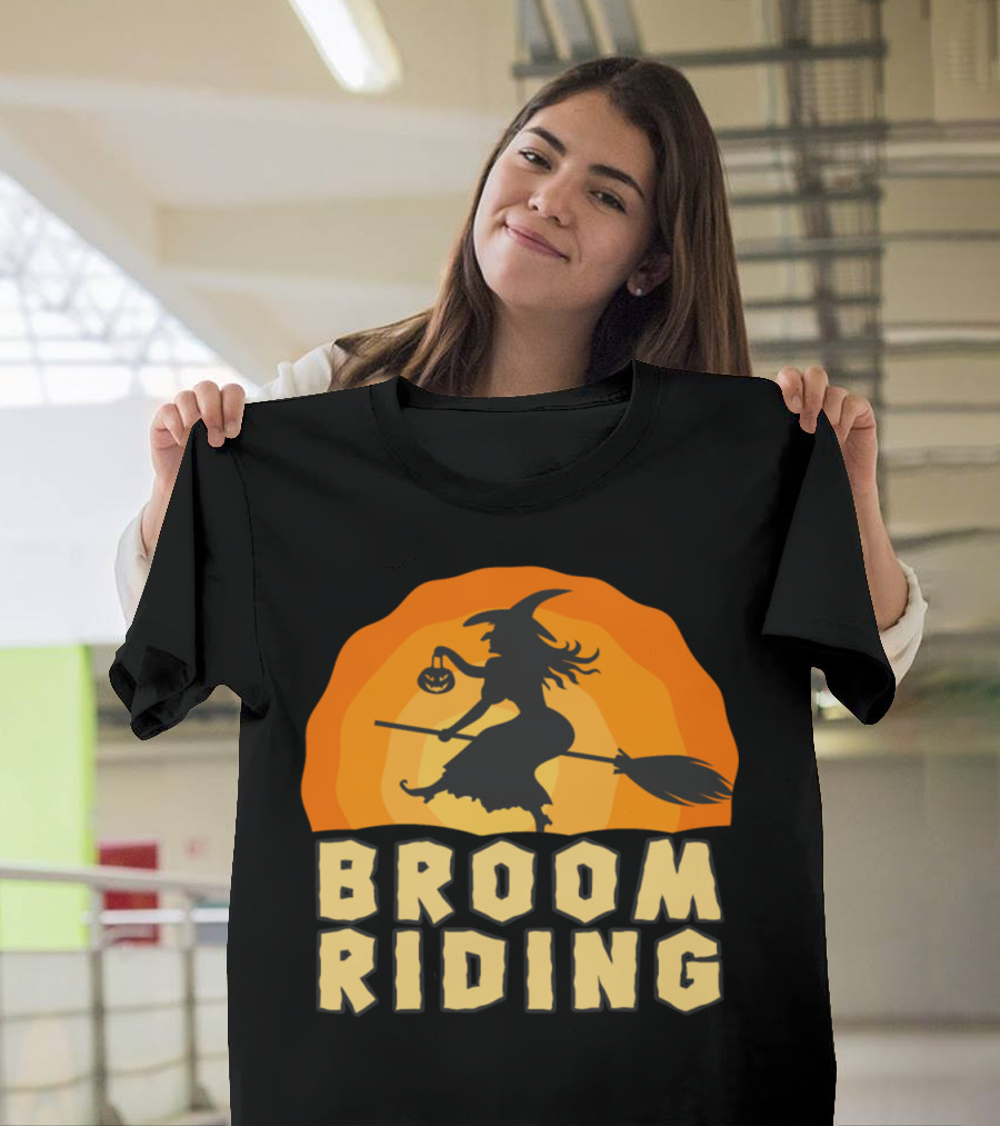 Broom Riding Witch Silhouette with Halloween Pumpkin T-Shirt
