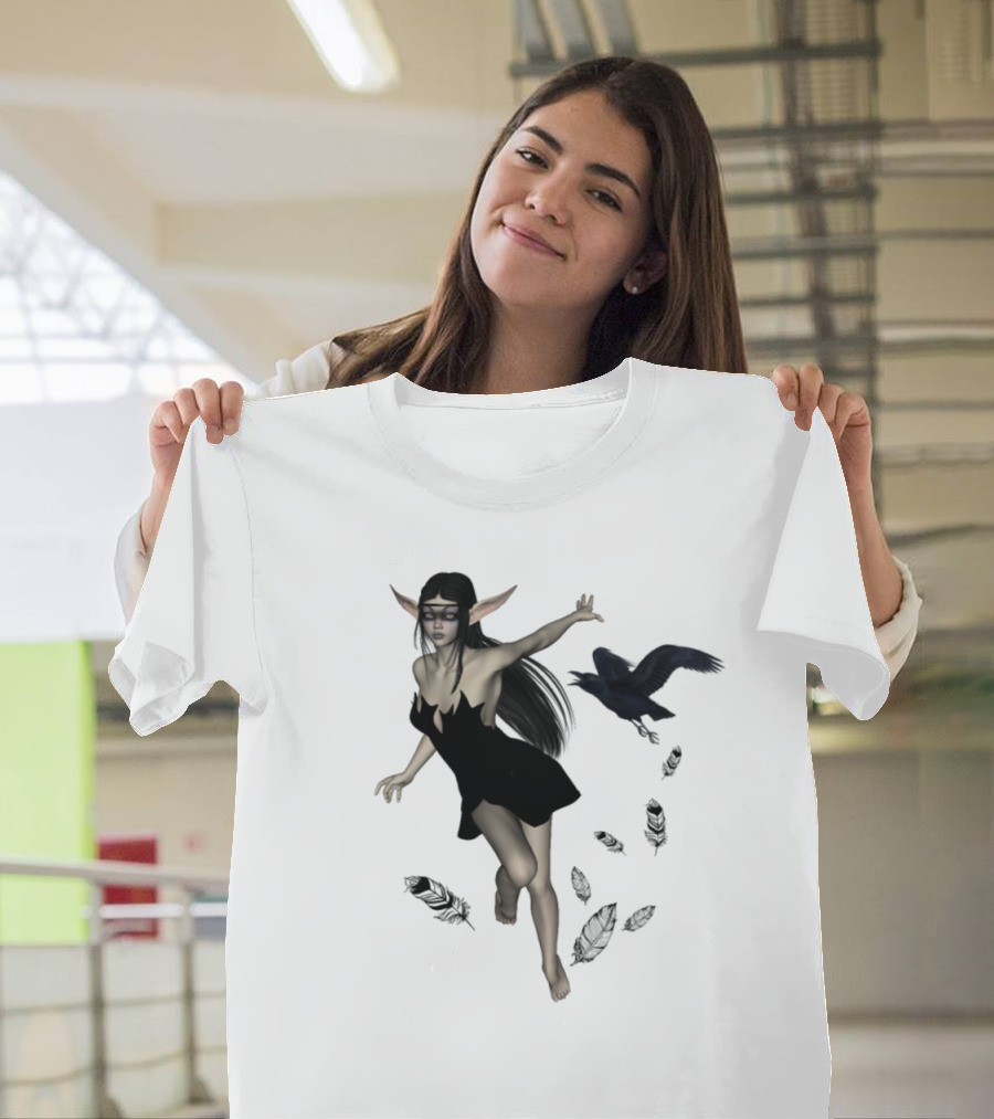 Beautiful Dark Fairy with Crow and Feathers in the Night T-Shirt