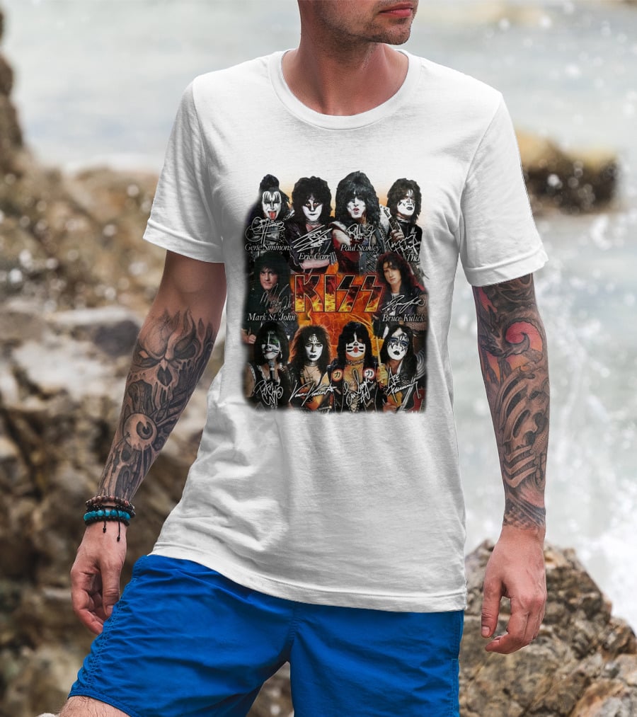 Kiss Band Members Gene Simmons Paul Stanley Peter Criss Ace Frehley Eric Carr Vinnie Vincent Mark St. John Bruce Kulick Eric Singer Thayer Signatures T-Shirt