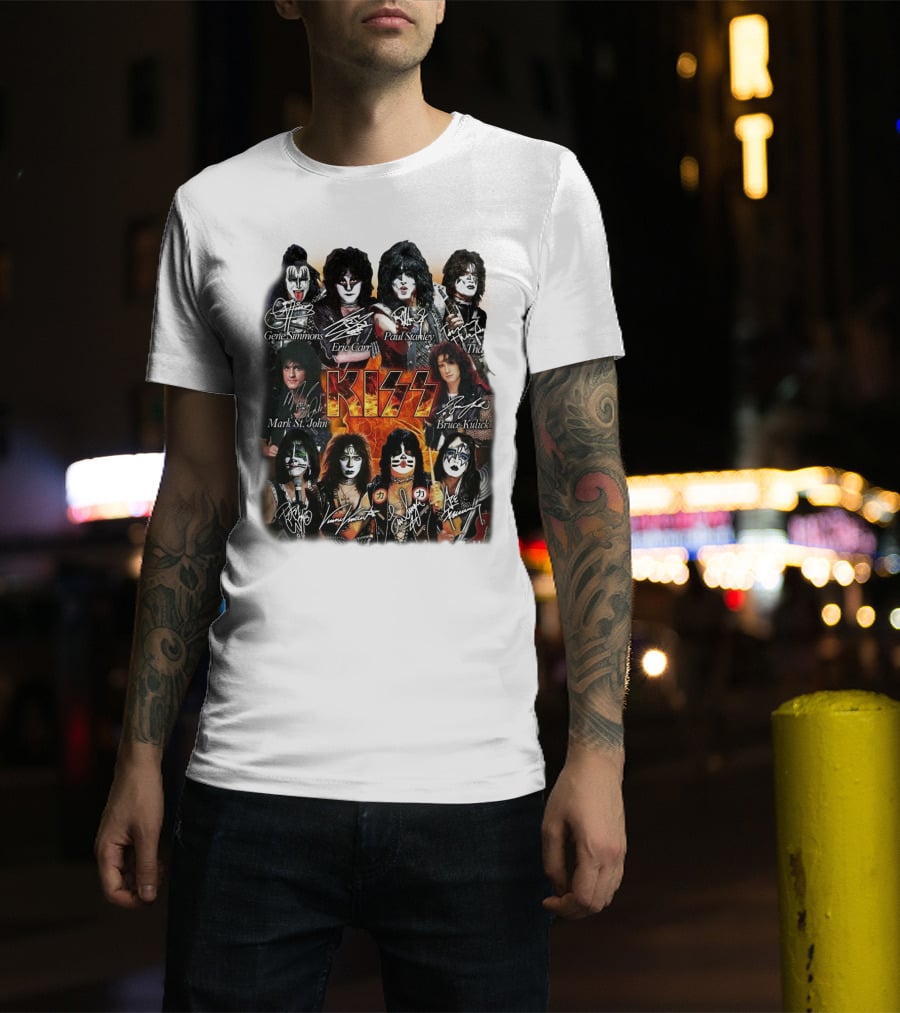 Kiss Band Members Gene Simmons Paul Stanley Peter Criss Ace Frehley Eric Carr Vinnie Vincent Mark St. John Bruce Kulick Eric Singer Thayer Signatures T-Shirt