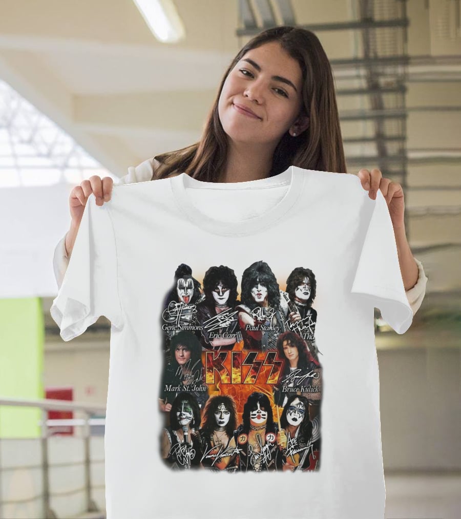 Kiss Band Members Gene Simmons Paul Stanley Peter Criss Ace Frehley Eric Carr Vinnie Vincent Mark St. John Bruce Kulick Eric Singer Thayer Signatures T-Shirt