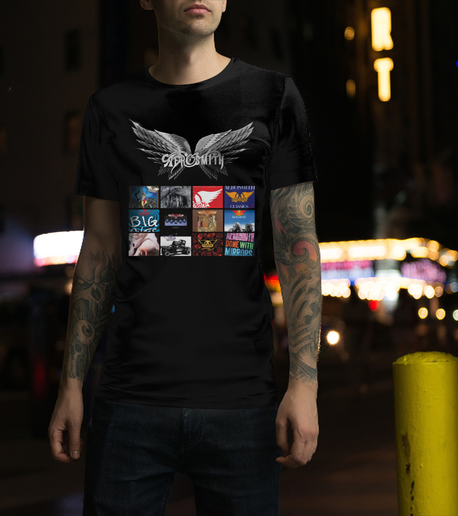 Aerosmith Wings Logo With Album Covers Collection Classics Big Ones Permanent Vacation Pump Done With Mirrors T-Shirt