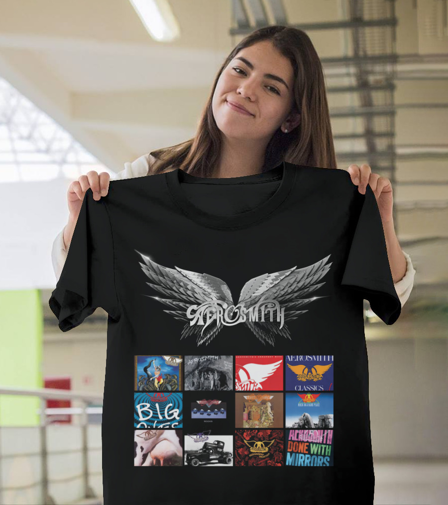 Aerosmith Wings Logo with Album Covers Collection Classics Big Ones Permanent Vacation Pump Done With Mirrors T-Shirt