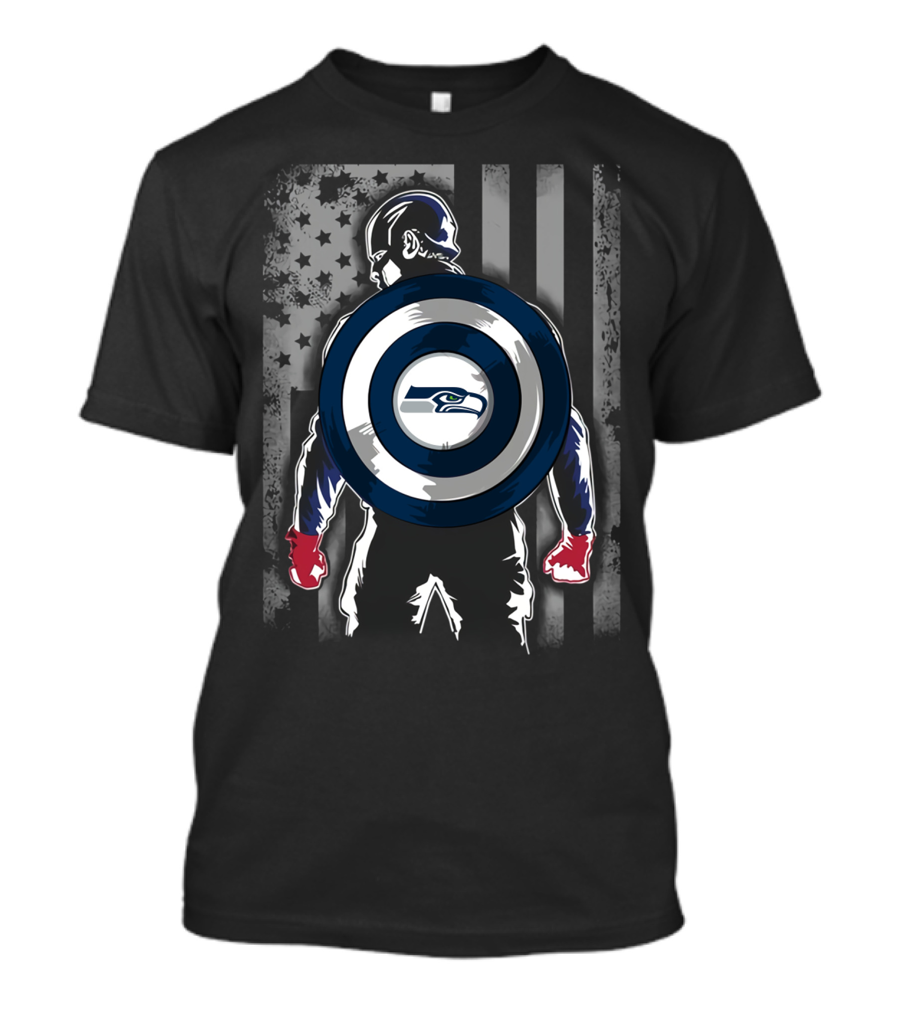 Seattle Seahawks Captain America Shield Stars And Stripes Flag T-Shirt
