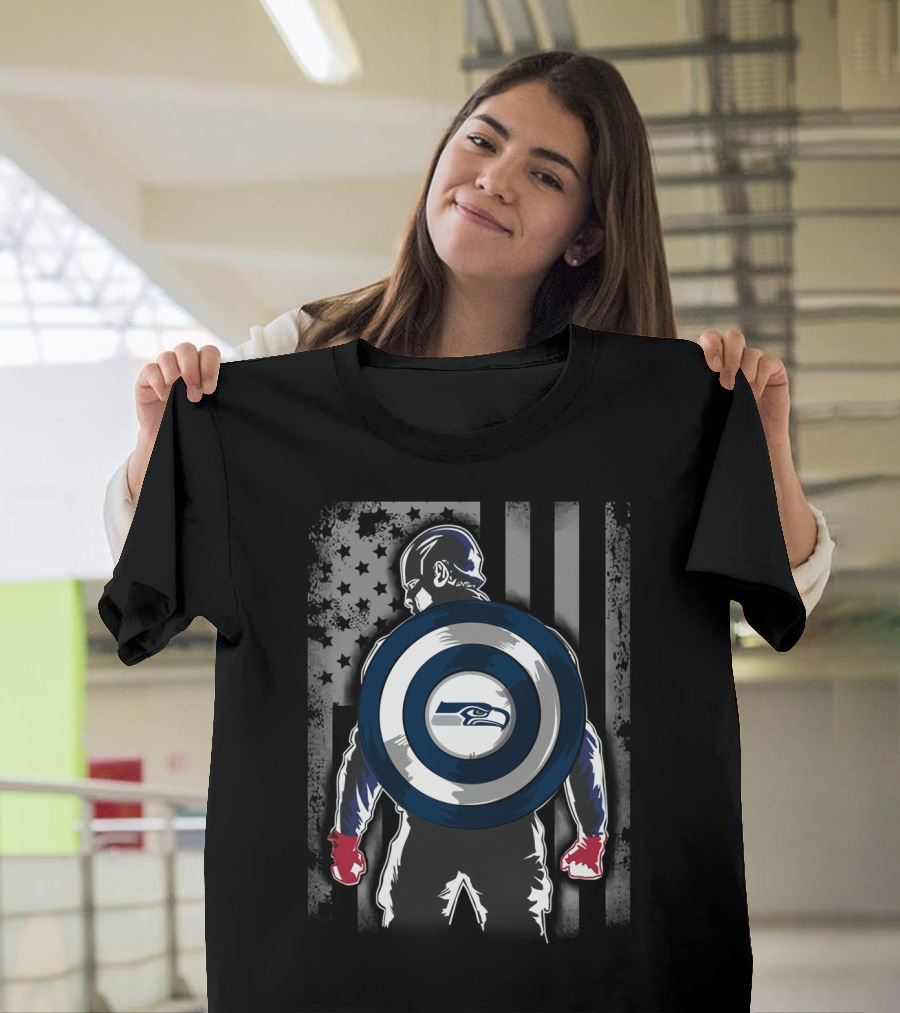 Seattle Seahawks Captain America Shield Stars And Stripes Flag T-Shirt