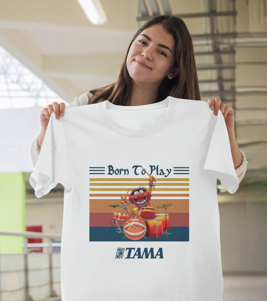 Born To Play TAMA Drum Set With Enthusiastic Drumming Character T-Shirt