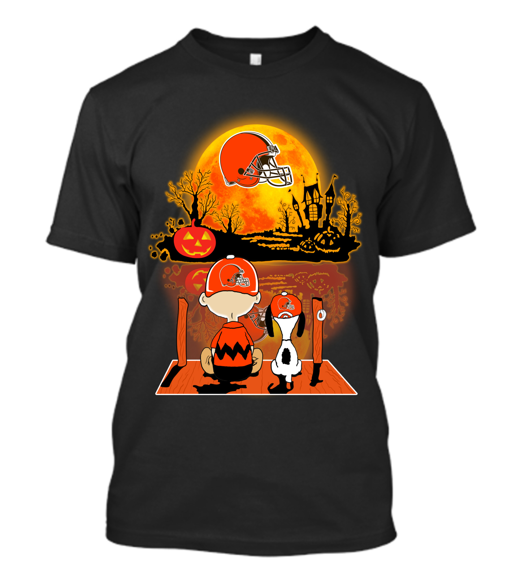 Cleveland Browns Halloween Snoopy Charlie Brown Pumpkin Moon Scene T-Shirt