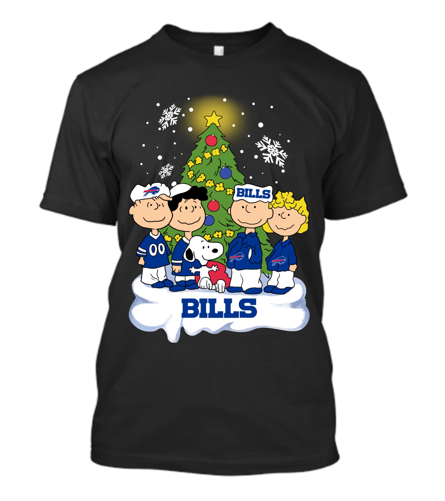Snoopy And Peanuts Characters Celebrating With Buffalo Bills Christmas Tree T-Shirt