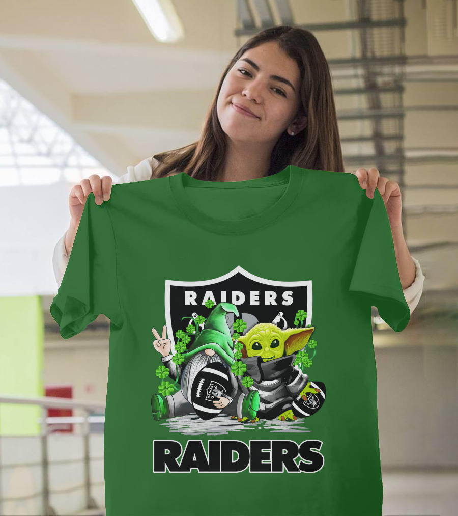 Raiders St. Patrick’s Day Football Gnome And Baby Alien With Clover Footballs T-Shirt