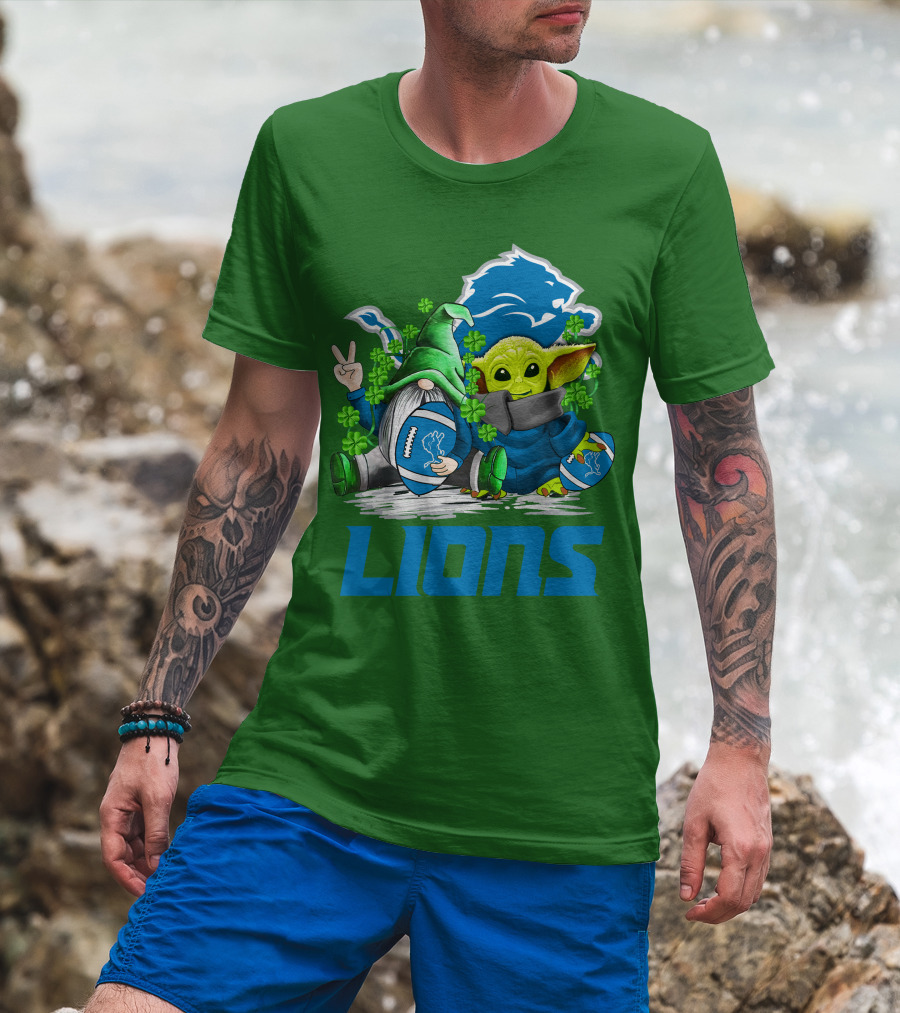Detroit Lions St. Patrick's Day Gnome And Yoda Football T-Shirt