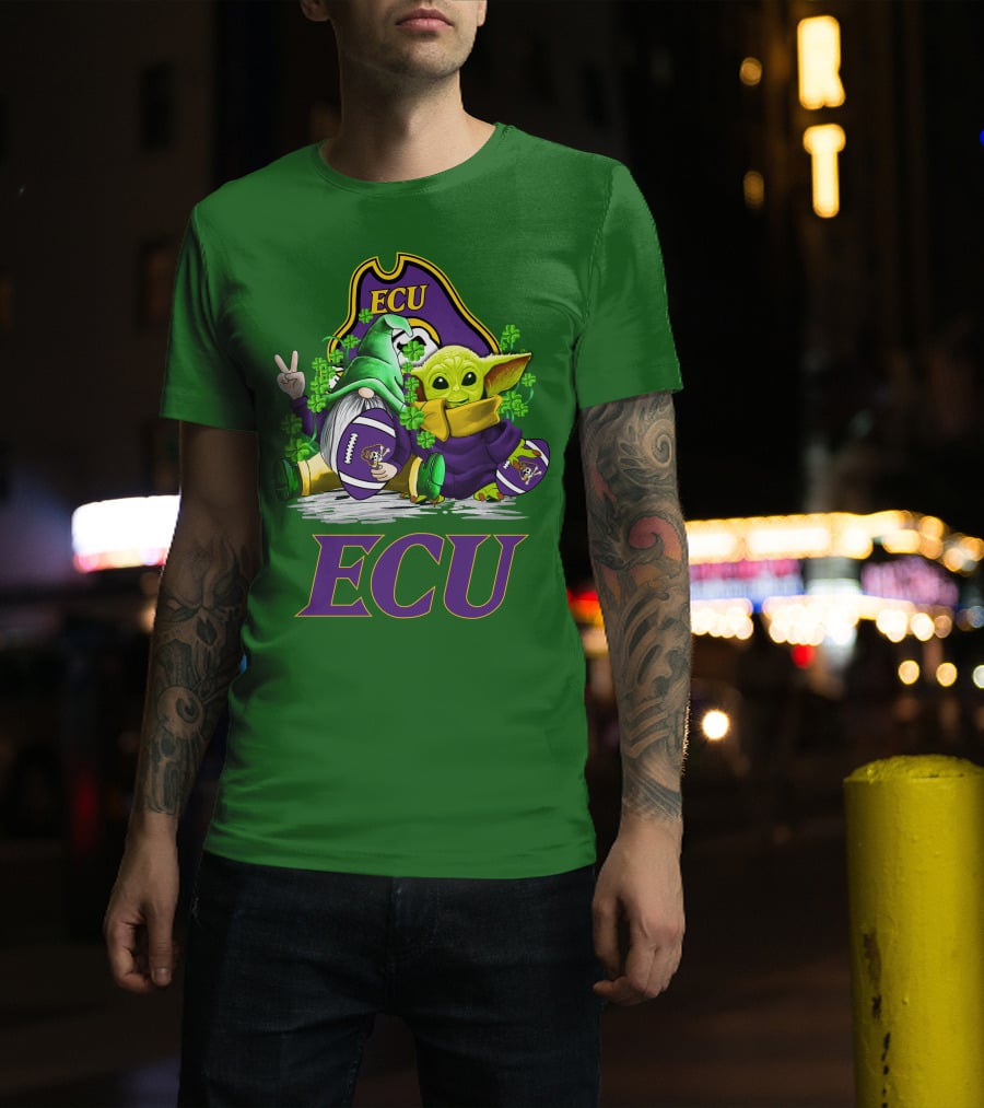 ECU East Carolina Pirates Football St. Patrick's Day Celebration With Gnome And Baby Alien T-Shirt