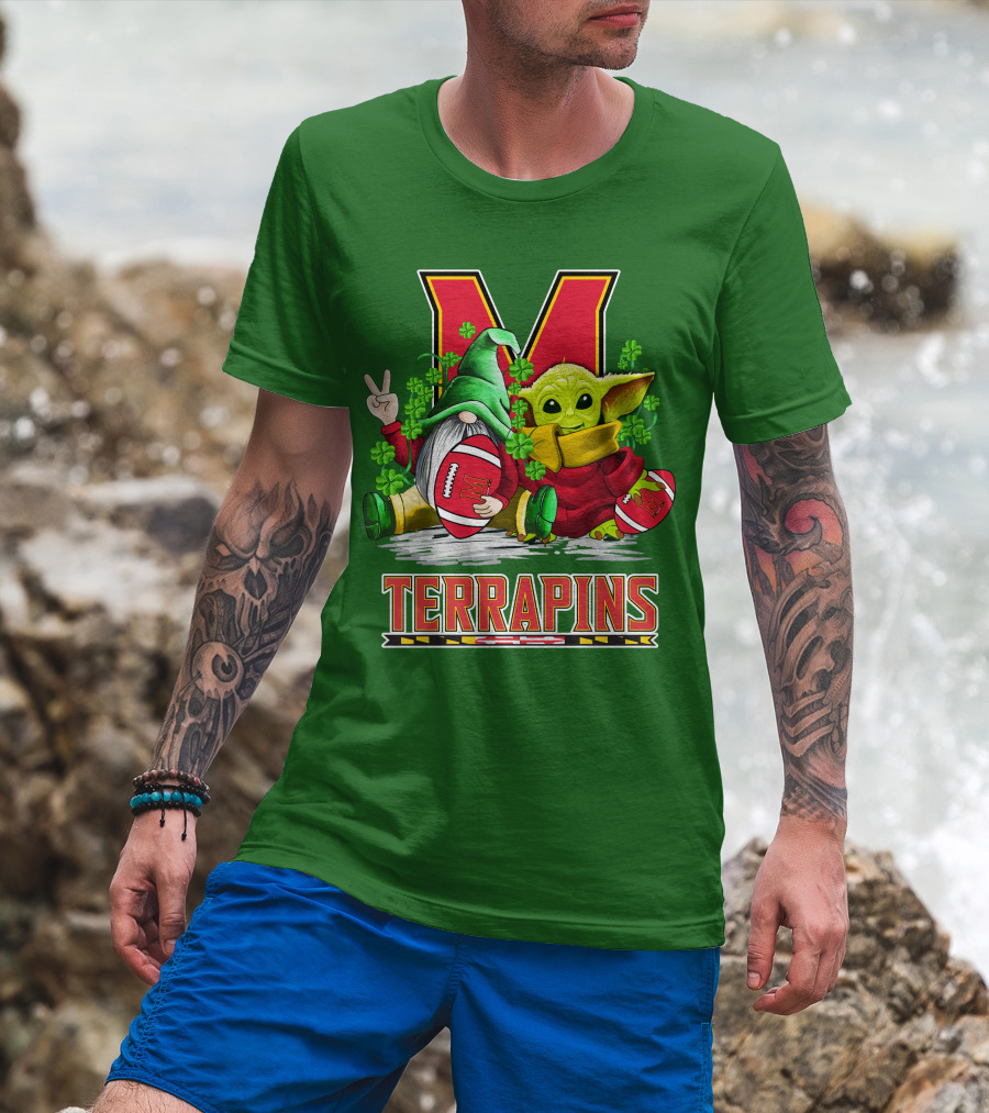 Maryland Terrapins Football St. Patrick's Day Gnome And Baby Yoda T-Shirt