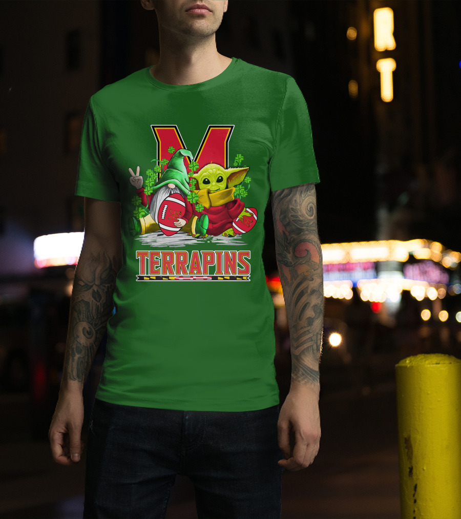 Maryland Terrapins Football St. Patrick's Day Gnome And Baby Yoda T-Shirt