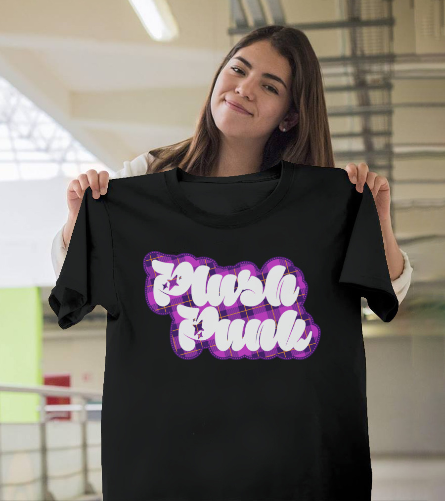 Plush Punk Graphic Plaid Background White Bubble Letters T-Shirt