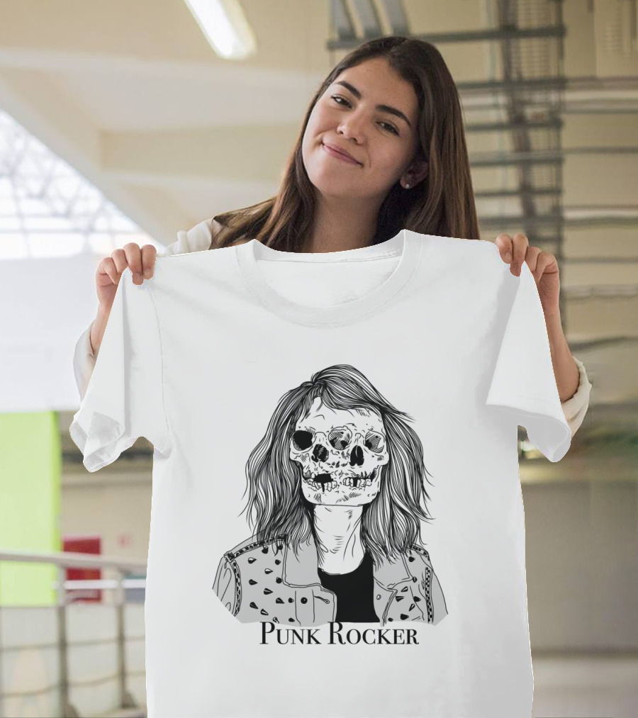 Punk Rocker Skull Skeleton with Studded Jacket and Long Hair T-Shirt