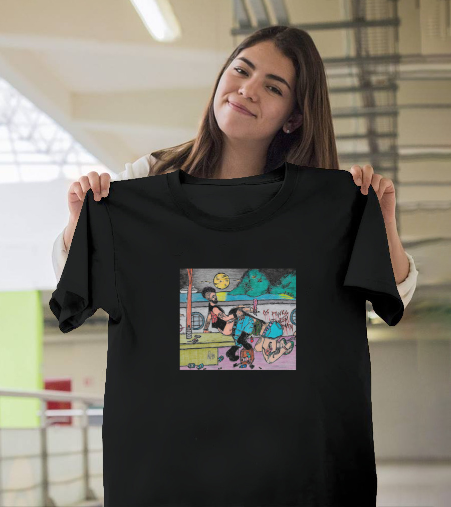Moonlit Punk Rebels with Generic Graffiti and Guitar Scene T-Shirt