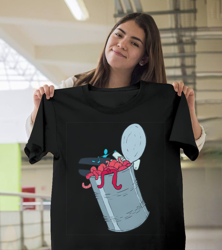Cartoon Figure Escaping Overfilled Can of Worms Adventure T-Shirt