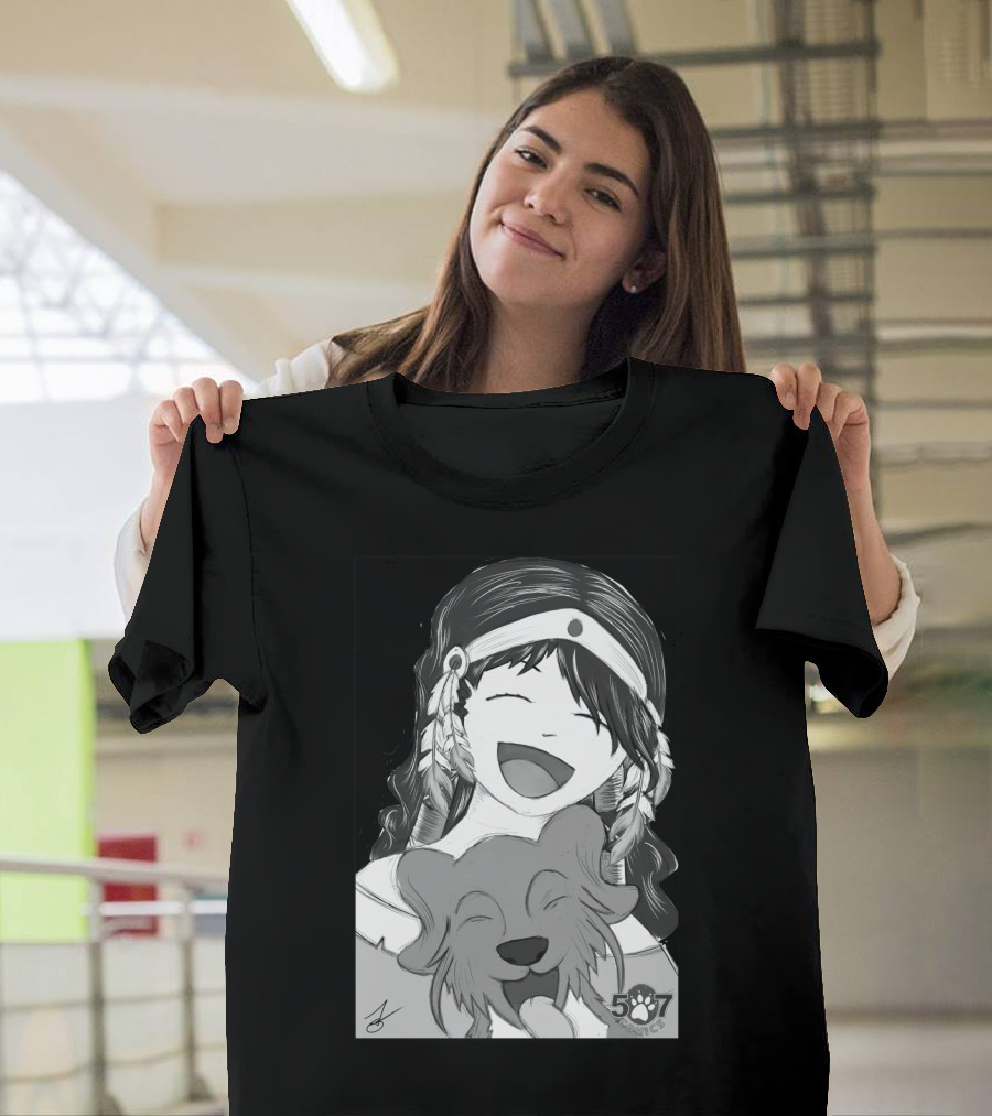 Laughing Girl with Dog in Comic Style Featuring 507 Studios T-Shirt