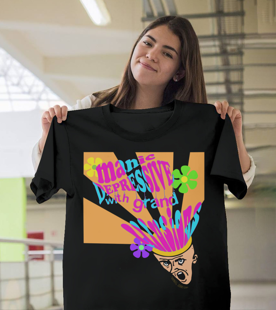 Manic Depressive with Grand Illusions Daniel Johnston Psychedelic Art with Colorful Flowers and Expressive T-Shirt