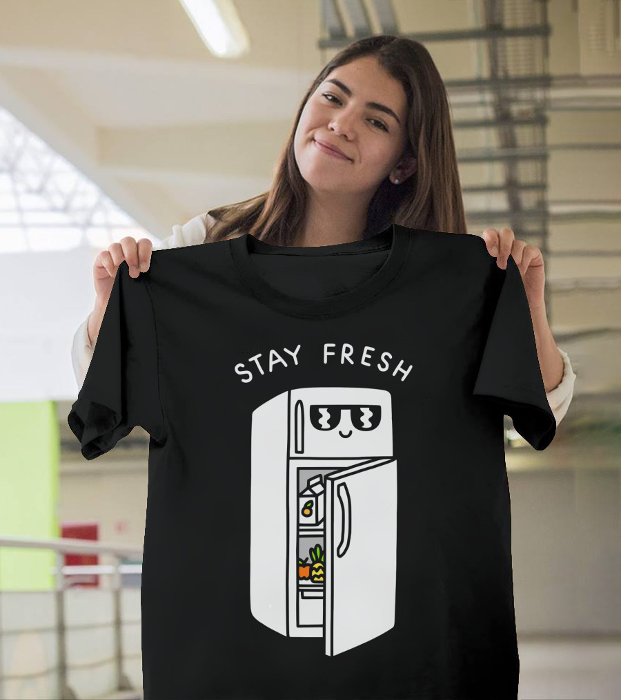 Stay Fresh Happy Refrigerator with Sunglasses and Groceries Inside T-Shirt