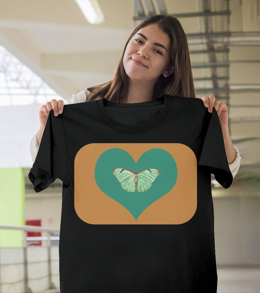 Colorful Butterfly Within Green Heart on Orange Background T-Shirt
