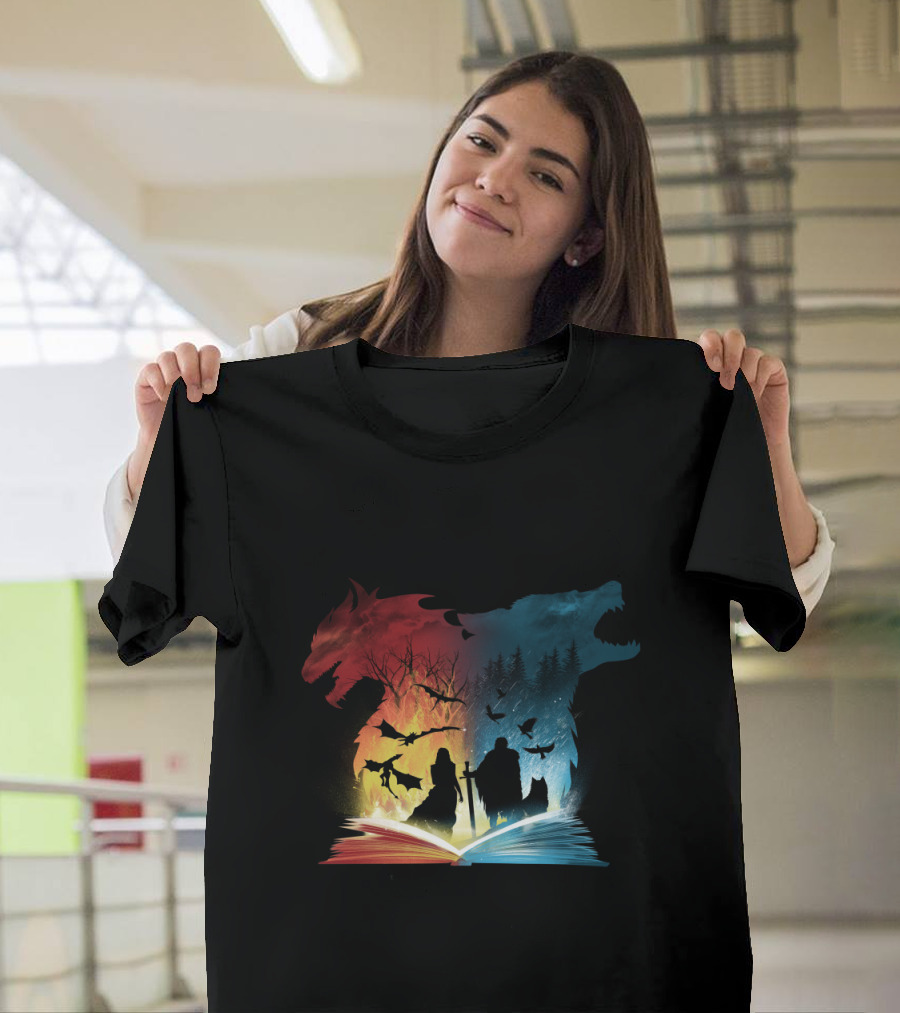 Epic Battle: Dragons and Direwolves in Book of Fire and Ice T-Shirt