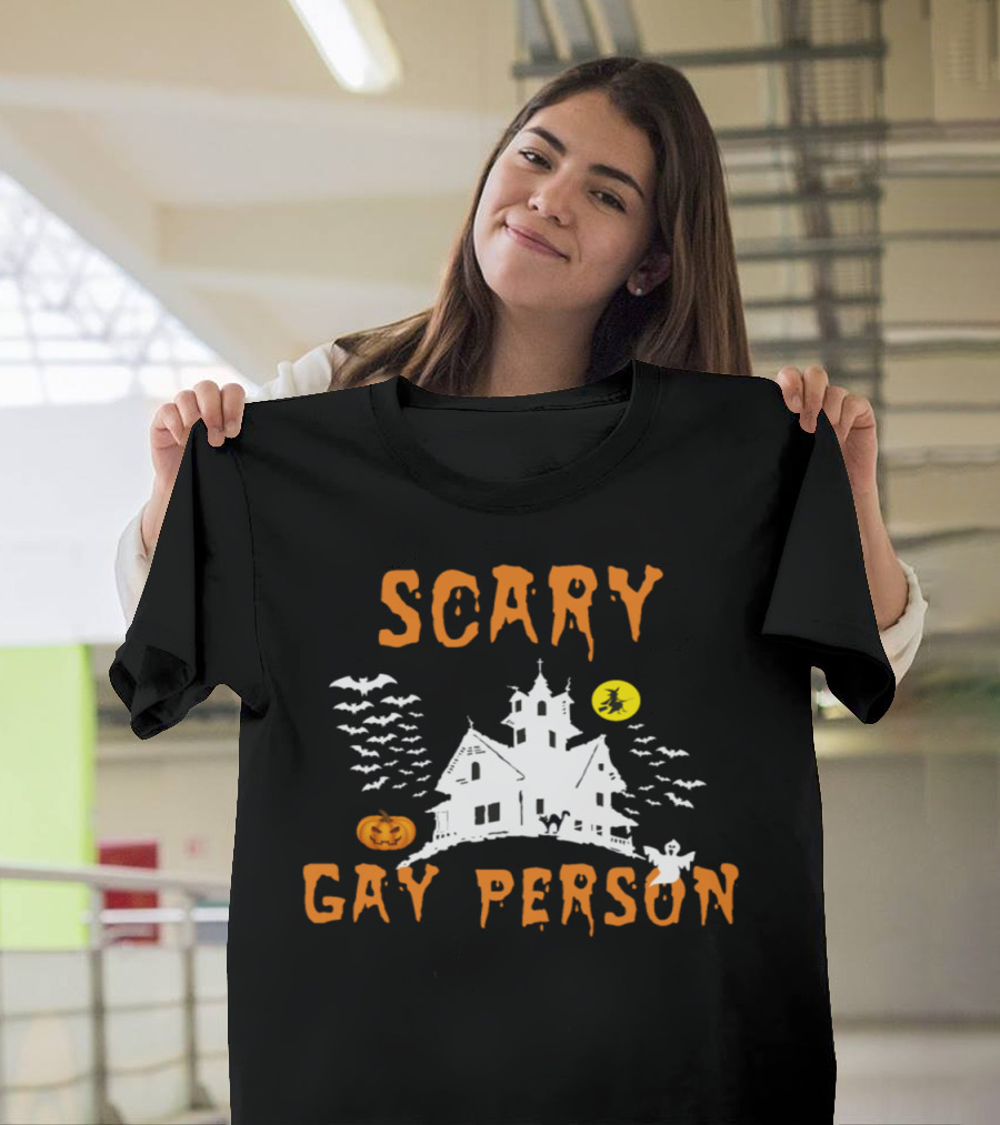 Scary Gay Person Haunted House Halloween Bats Pumpkin Ghost Moon T-Shirt