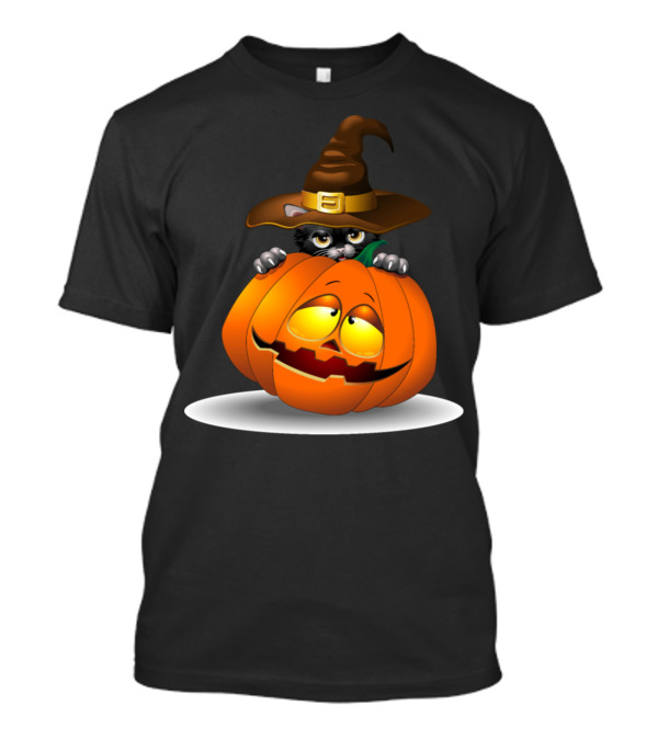 Friendly Black Cat In Witch Hat With Grinning Pumpkin T-Shirt