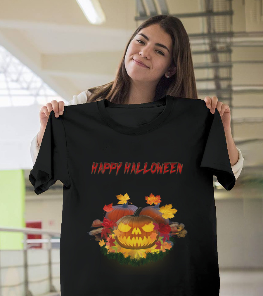 Happy Halloween Jack O' Lantern Autumn Leaves Pumpkin 400 T-Shirt