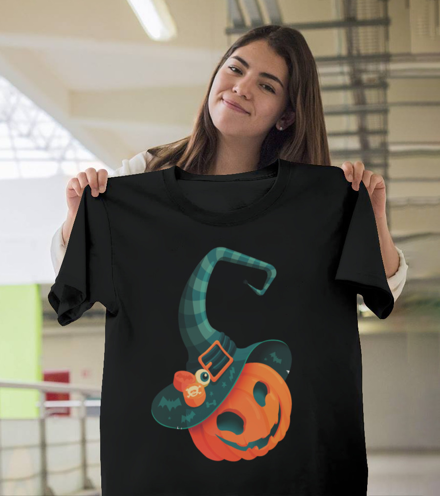 Pumpkin Witch with Green Plaid Hat and Orange Buckle T-Shirt