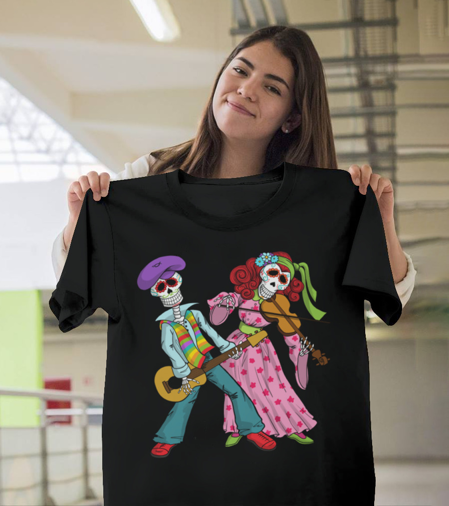 Sugar Skull Musicians Playing Guitar and Violin T-Shirt