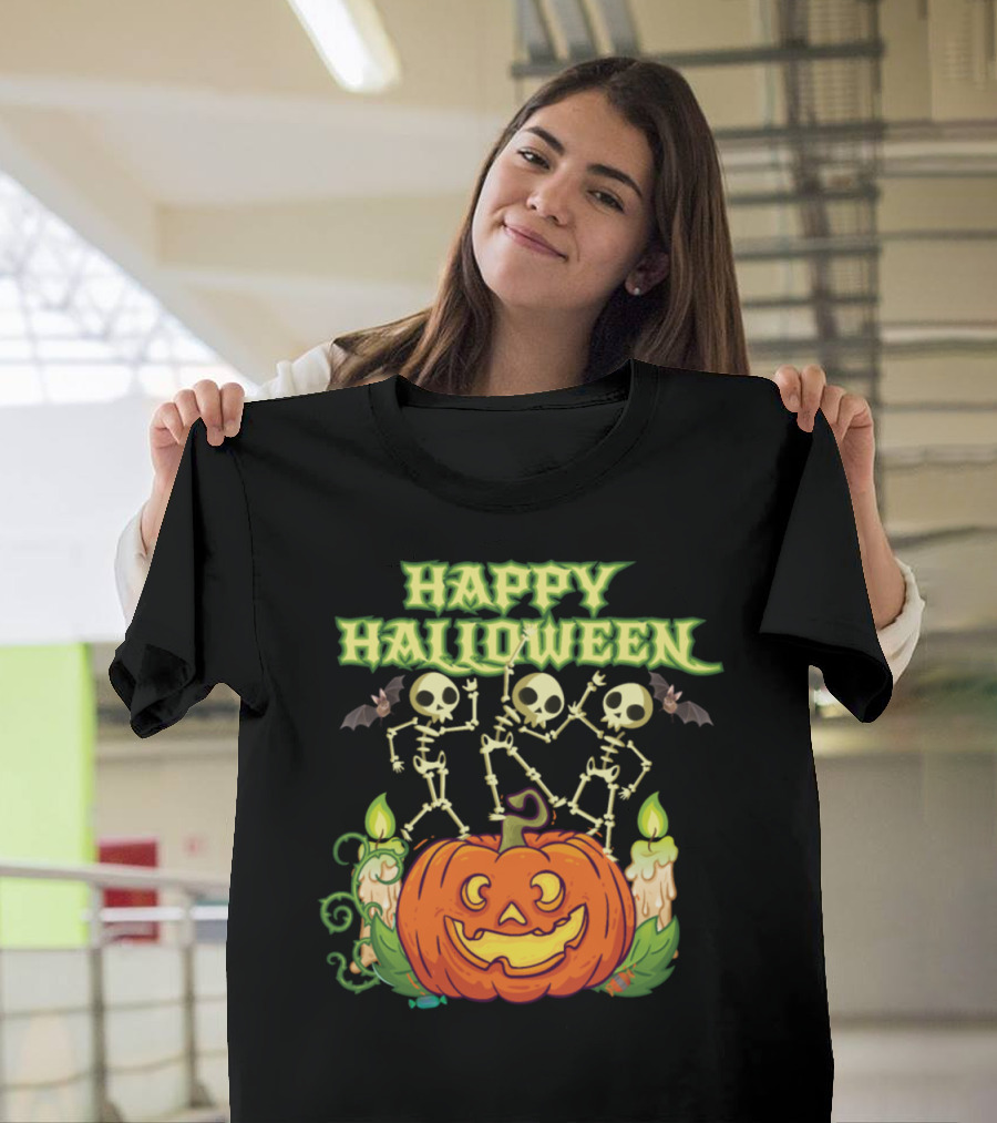 Happy Halloween Skeletons Dancing with Pumpkins and Candles T-Shirt
