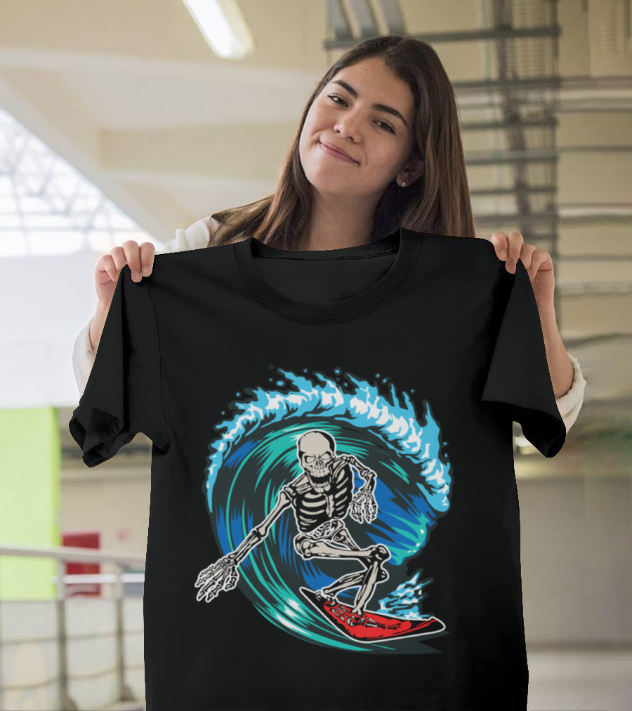 Skeleton Surfer Riding Ocean Wave on Red Surfboard T-Shirt