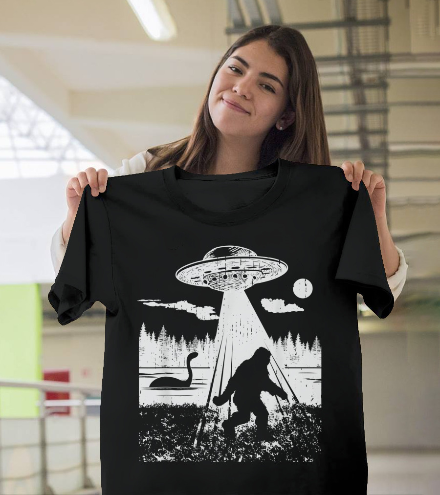 Bigfoot Abduction By UFO With Lake Monster And Full Moon T-Shirt