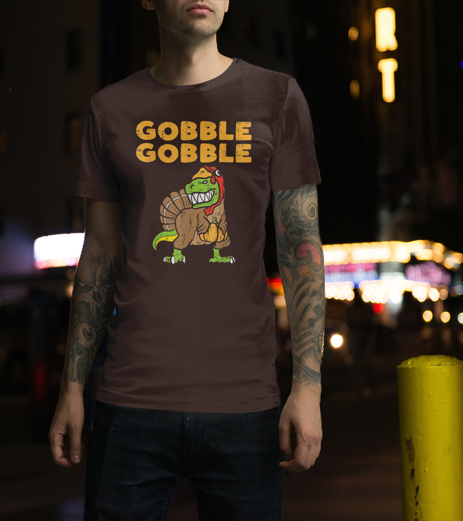 Gobble Gobble T-Rex Dinosaur Turkey Holding Pumpkin T-Shirt