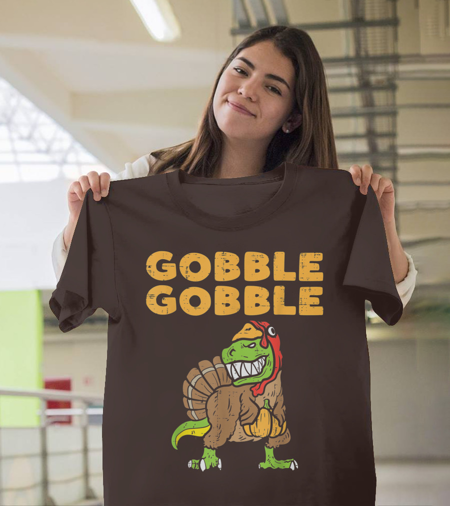 Gobble Gobble T-Rex Dinosaur Turkey Holding Pumpkin T-Shirt