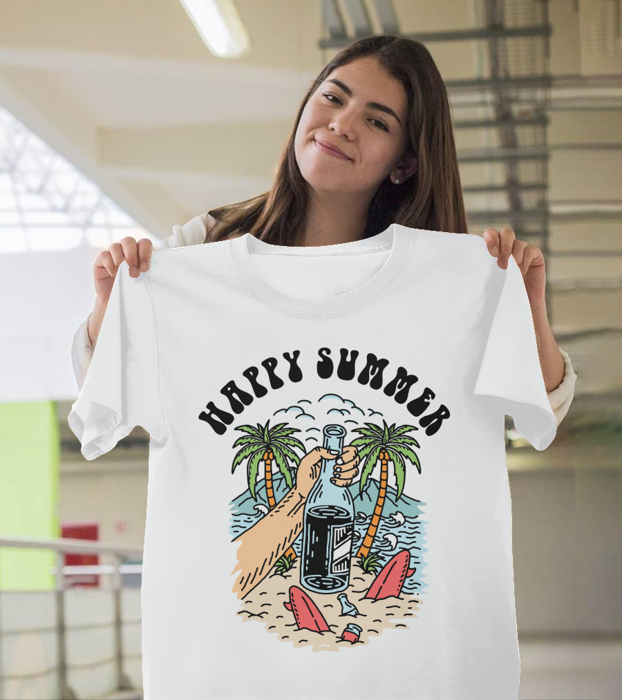 Happy Summer Beach Scene with Palms and Bottle T-Shirt