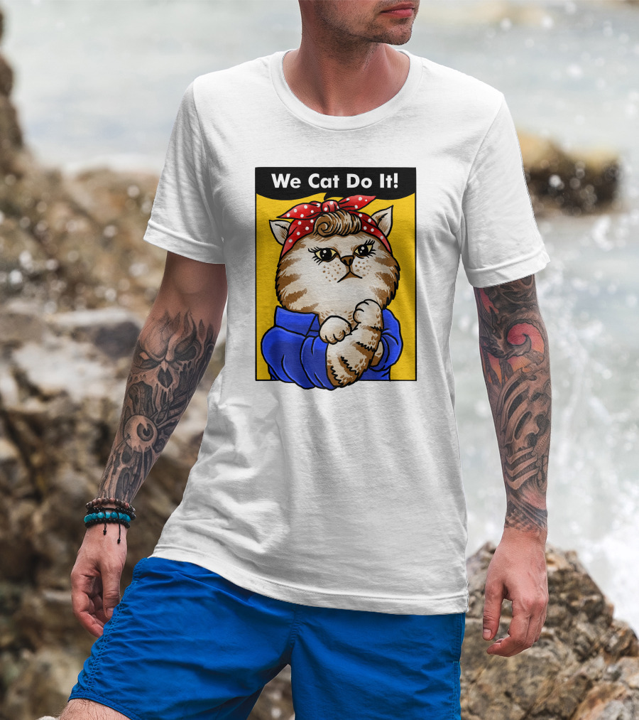 We Cat Do It Humorous Cat With Red Polka Dot Bandana And Blue T-Shirt