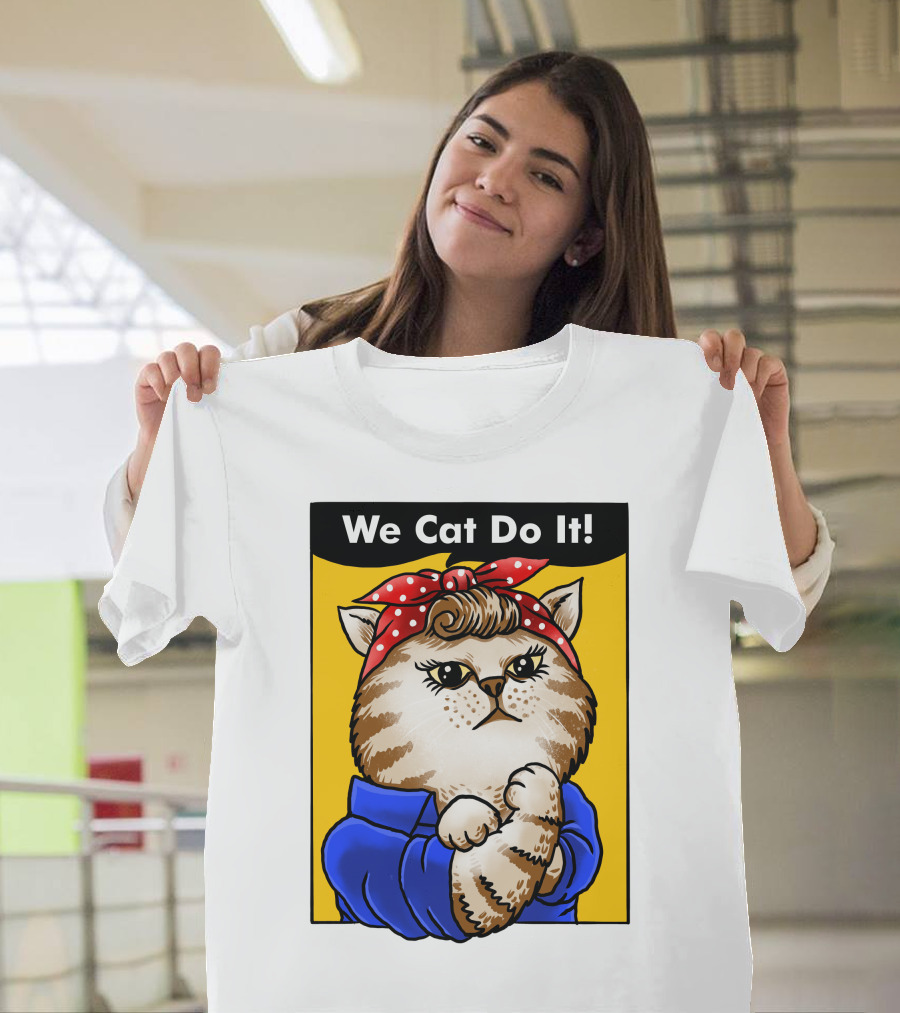 We Cat Do It Humorous Cat With Red Polka Dot Bandana And Blue T-Shirt