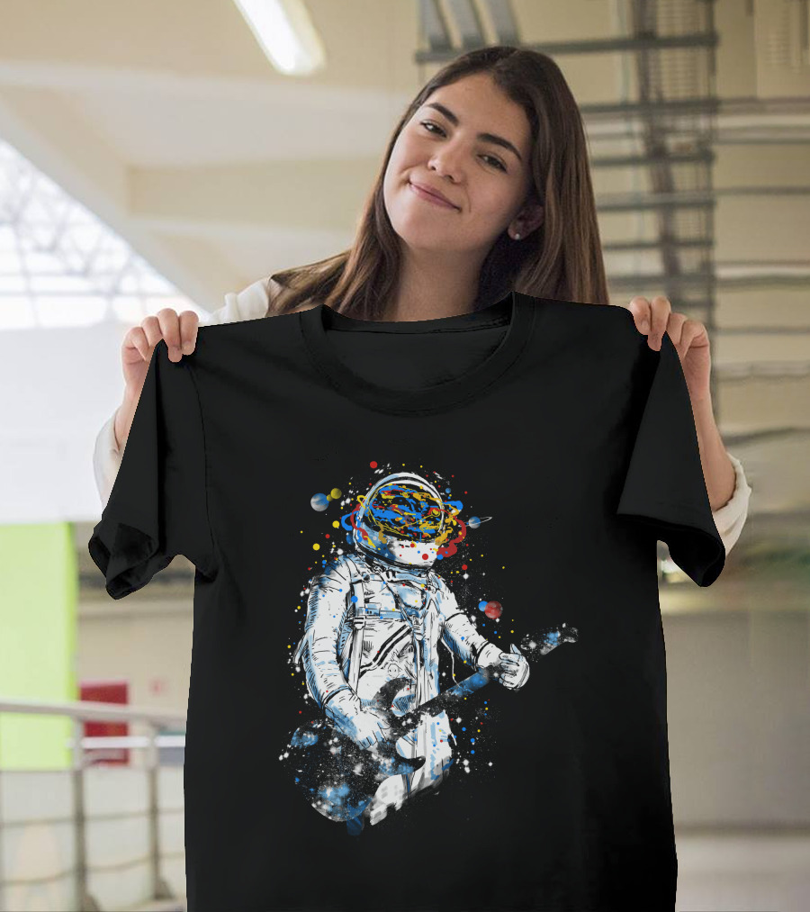 Space Guitar Astronaut Playing Cosmic Electric Guitar With Planetary Helmet And Colorful Galaxy T-Shirt