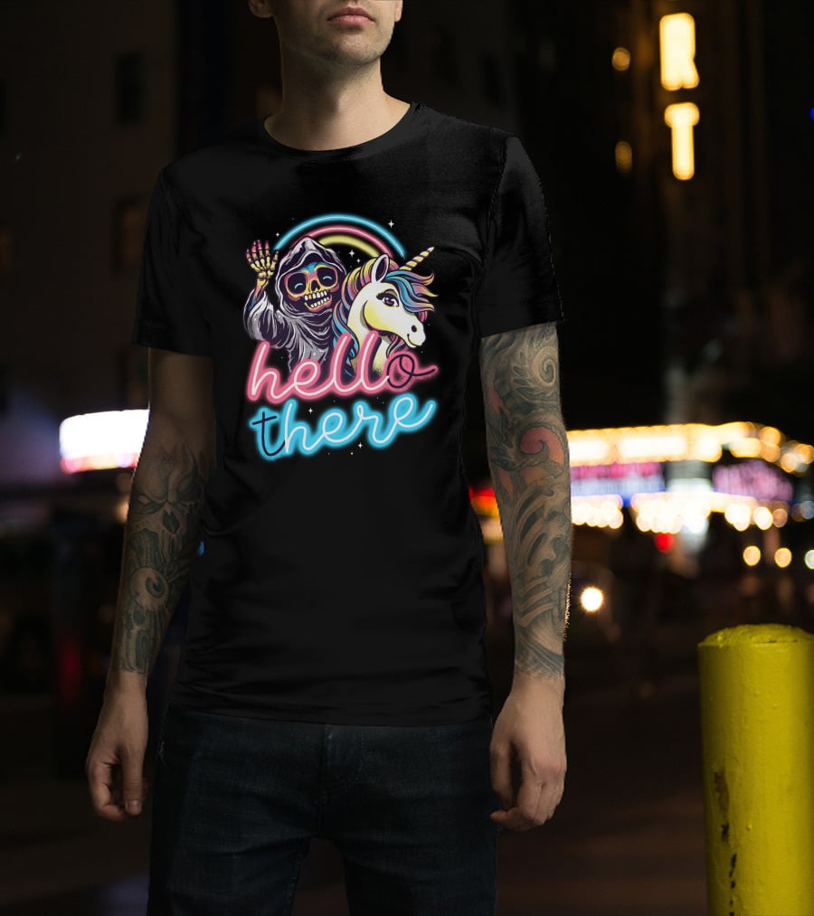Hello There Grim Reaper And Unicorn Neon Rainbow T-Shirt