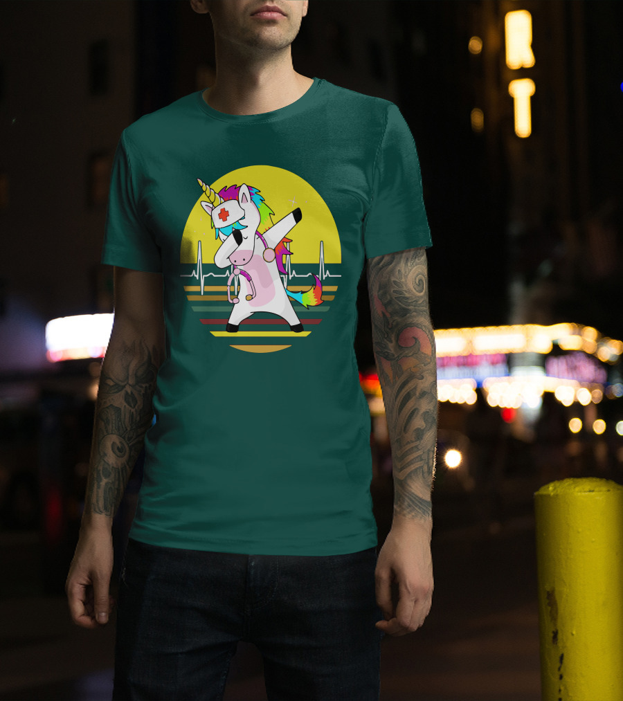 Unicorn Nurse Dabbing With Rainbow Stethoscope And Heartbeat Background T-Shirt