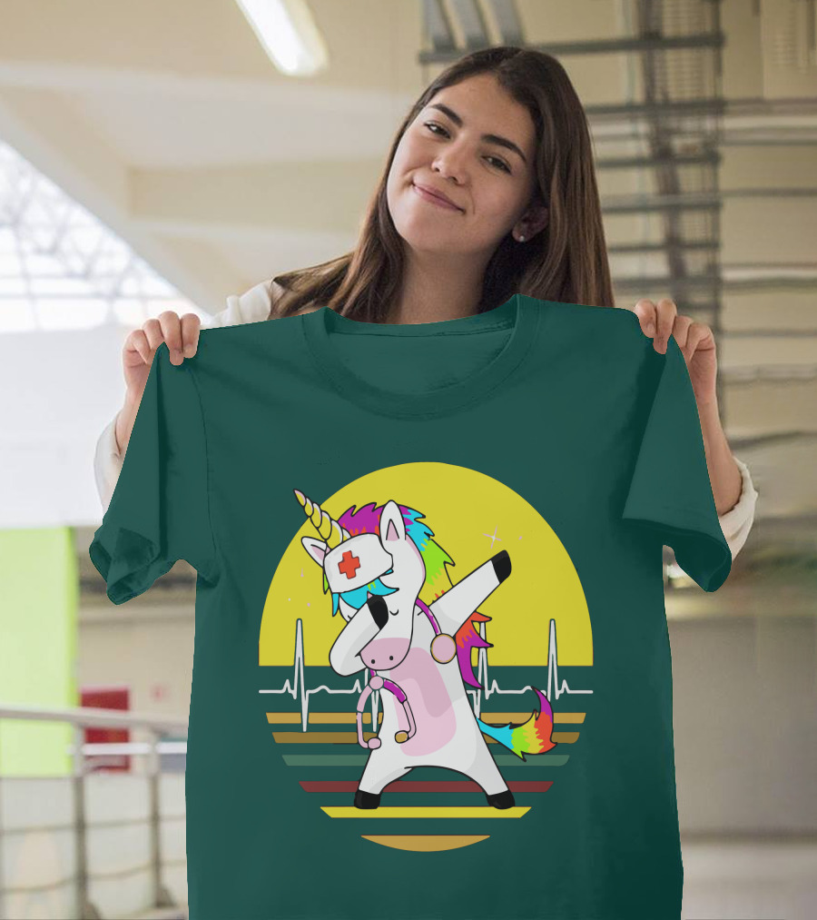 Unicorn Nurse Dabbing With Rainbow Stethoscope And Heartbeat Background T-Shirt