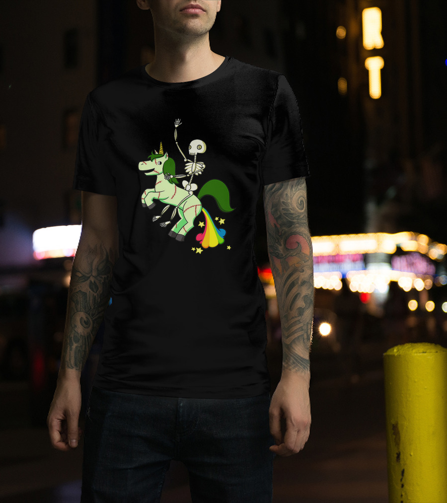 Skull Skeleton Riding Zombie Unicorn With Rainbow Tail And Green Mane T-Shirt