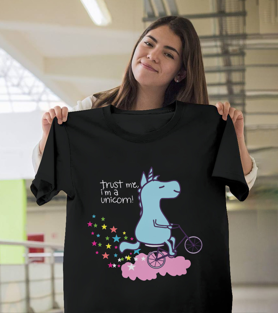 Trust Me I'm A Unicorn Riding Bicycle On Pink Cloud With Colorful Stars T-Shirt