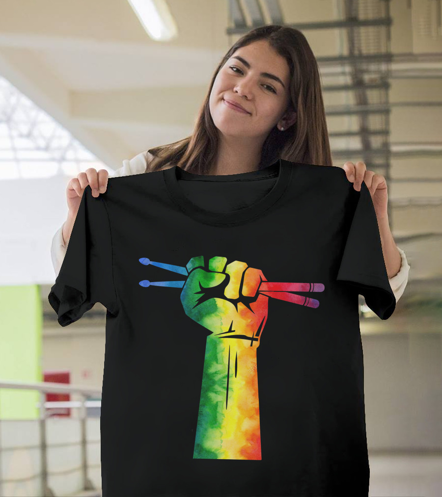 Drumstick Drummer Rainbow Fist T-Shirt