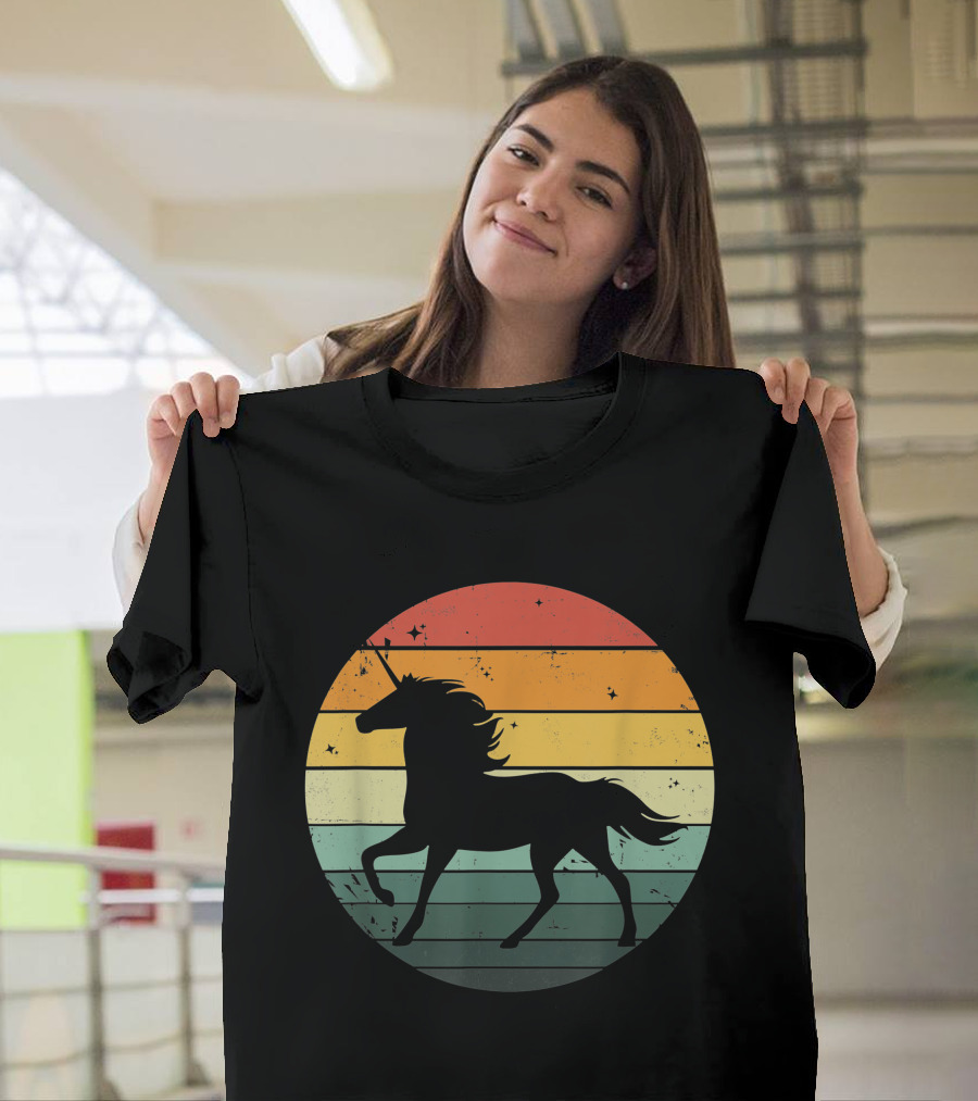 Unicorn Silhouette Against Retro 70s Sunset Stripes T-Shirt