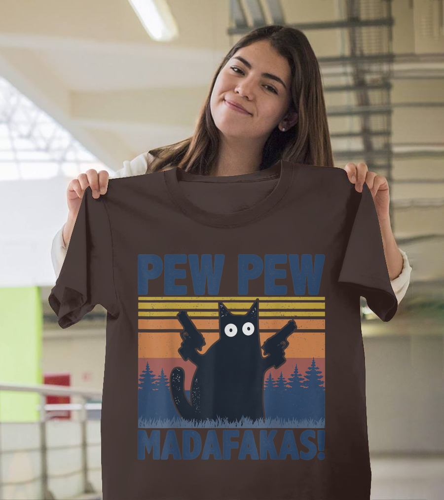 Pew Pew Madafakas Funny Vintage Cat with Guns Retro Forest Background T-Shirt