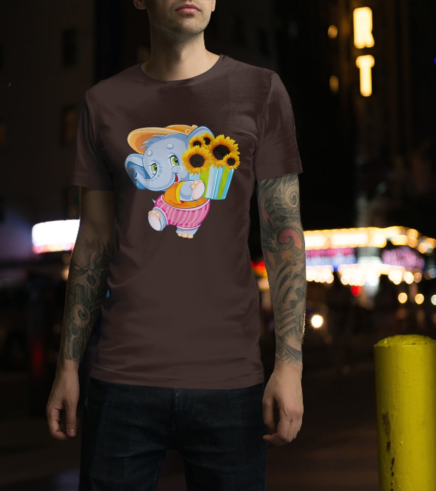 Cute Baby Elephant With Sunflowers And Pink Striped Shorts T-Shirt