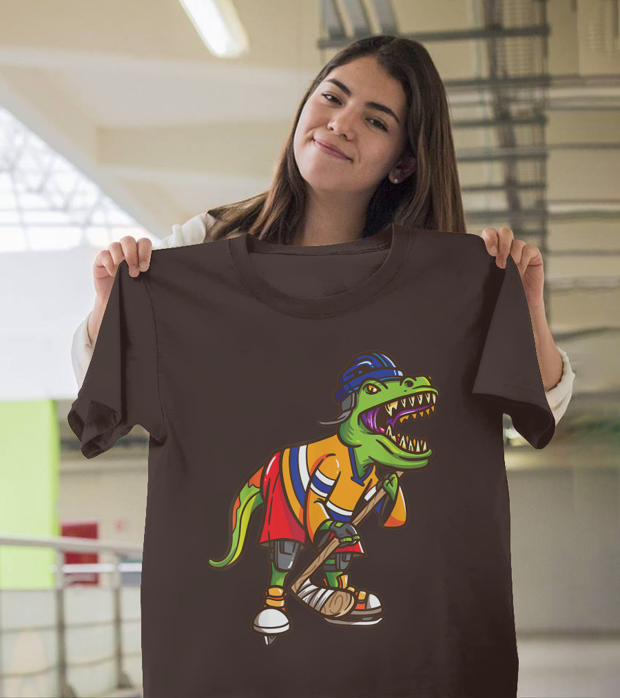 Roller Skates Hockey Dinosaur In Uniform With Stick And Helmet T-Shirt